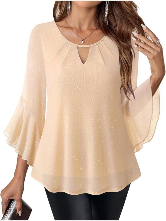 Tops - Women's Shirt Champagne Ruffle 3/4 Sleeve Blouses Glitter Cocktail Party Top